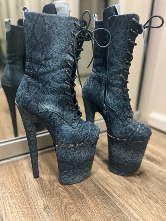 Hella Heels Shoes - Hella Heels!!!!!  Platform Lace-Up Ankle Boots in Slate Blue Snake Print